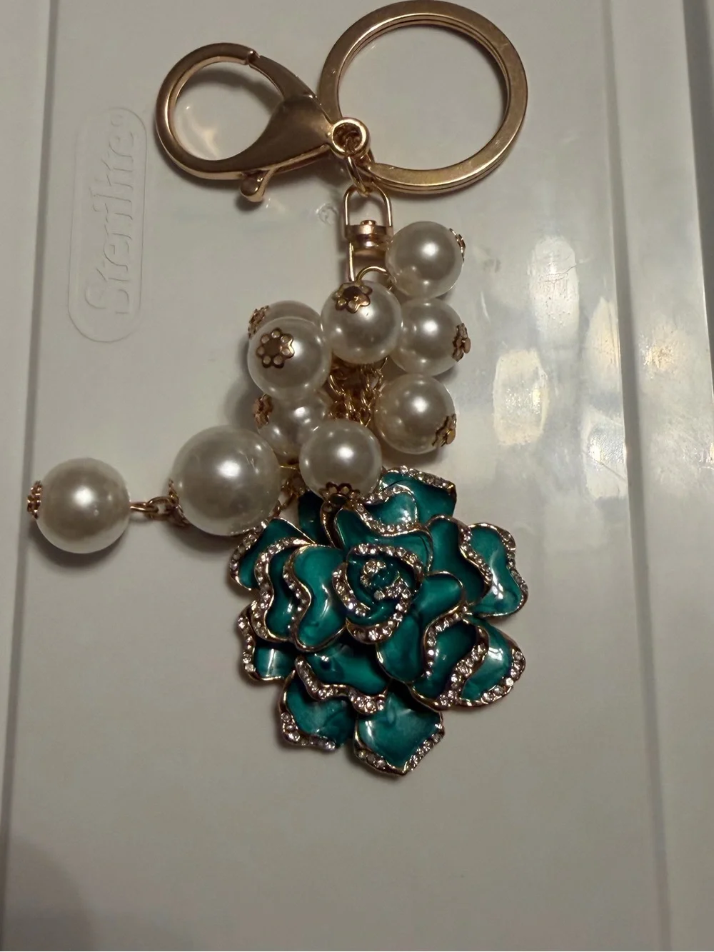 Pearl & Teal Rose Charm Keychain - Women Jewelry